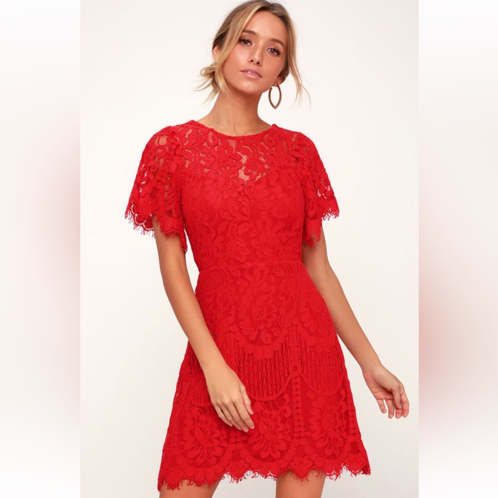 Lulus, Pearson Red Lace Short Sleeve Dress size M